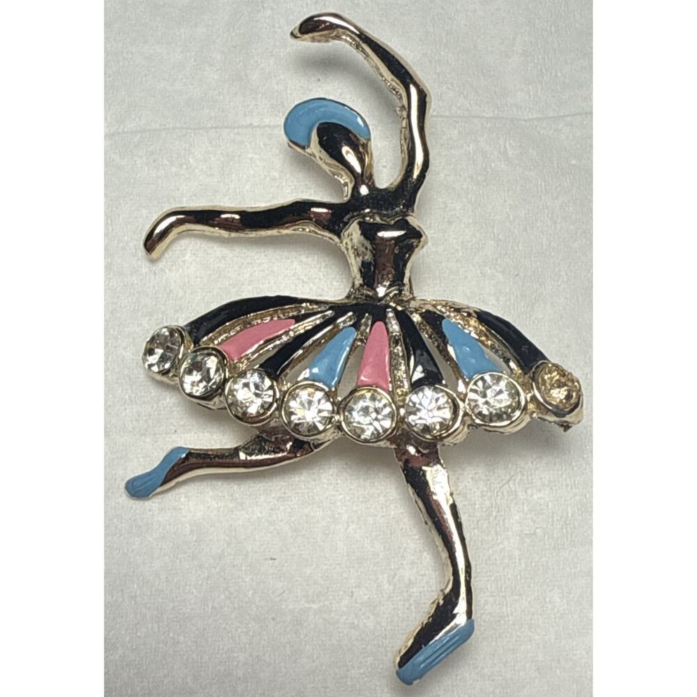 Vintage Ballerina Dancer Blue/Pink and Gold‎ Tone Brooch PB146